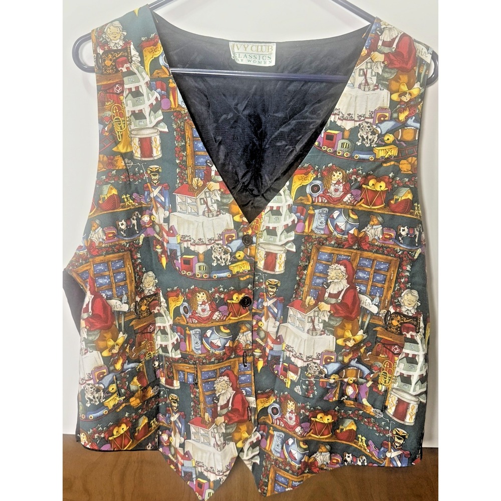 Vintage 90s Women's Christmas Vest‎ Holiday S Ivy Club Classics Santa's Workshop